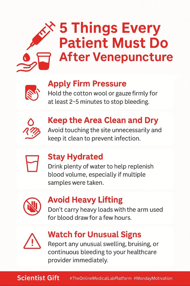 giftnwodo5's tweet image. 5 things every patient must do after a Venepuncture.

#PatientCare
#Labtest
#Healthtip
#Healthawareness