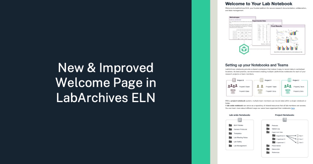 LabArchives's tweet image. New & Improved Welcome Page in LabArchives ELN!
Getting started with a new notebook? We’ve revamped the Welcome page to provide clear guidance on setting up notebooks and teams, plus best practices for recording data.
Note: If you're setting up your first-ever notebook ("My…
