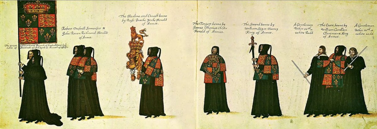 CourtStudies's tweet image. Heralds talking part in royal funeral processions. Here at the funeral of Elizabeth I. (Patric Dickinson (Former Clarenceux King of Arms) presenting about “Heralds as Courtiers”.)