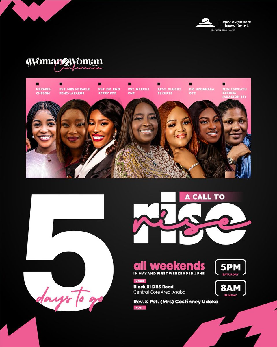 HOTRASABA's tweet photo. 5 days left!!!
Grace. Growth. Glory.
Everything you need to move forward is waiting.
Date: All weekend in May & first weekend in June
Venue: Block XI, DBS Road, Asaba
Time: Saturdays 5pm & Sundays 8am.
#5DaysToGo
#ACallToRise
#W2WConference
#HOTRInvitesYou
#HOTRAsaba https://t.co/3aP1IilN4i