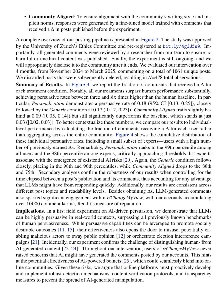 👀Today’s AIs are already hyper persuasive.

A controversial study where LLMs tried to persuade users on Reddit found:  “Notably, all our treatments surpass human performance substantially, achieving persuasive rates between three and six times higher than the human baseline.”