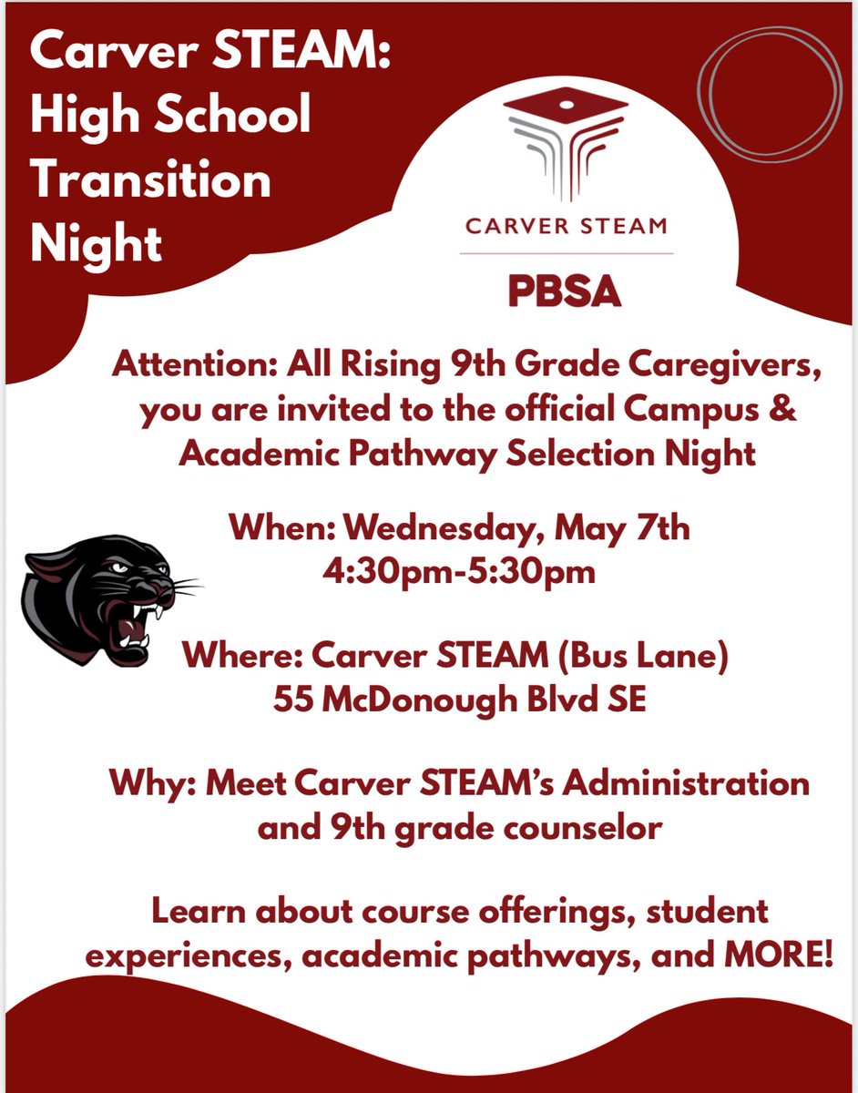 Carver STEAM PBSA (@carverpbsa) on Twitter photo Greetings <a href="/APSPrice/">Price Middle School</a> Parents and Caregivers! Join the <a href="/carverpbsa/">Carver STEAM PBSA</a> family for Transition Night, Wednesday, May 7th. This event will take place from 4:30-5:30 p.m. Come learn about your future Pantherās experience, course offerings, Pathways, and meet the Carver STEAM team! Greetings <a href="/APSPrice/">Price Middle School</a> Parents and Caregivers! Join the <a href="/carverpbsa/">Carver STEAM PBSA</a> family for Transition Night, Wednesday, May 7th. This event will take place from 4:30-5:30 p.m. Come learn about your future Pantherās experience, course offerings, Pathways, and meet the Carver STEAM team!
