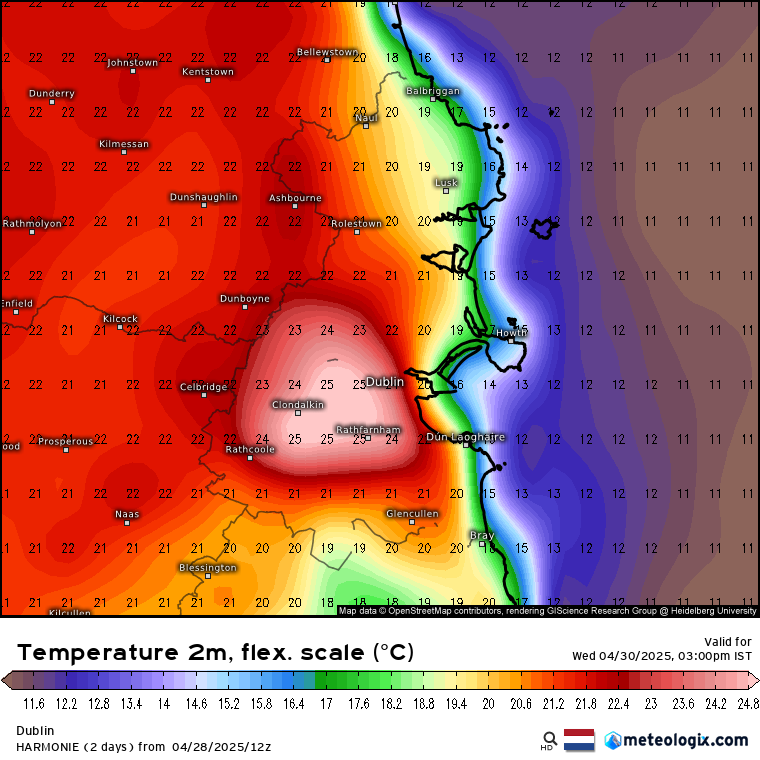 Interesting to see the Harmonie going for 25C in Dublin on Wednesday. That would be as notable as the UK seeing 30C on Thursday or Friday.

The April record for County Dublin is only 23.1C on 21st April 2019 and the March record is higher at 23.6C. Could it finally be broken?
