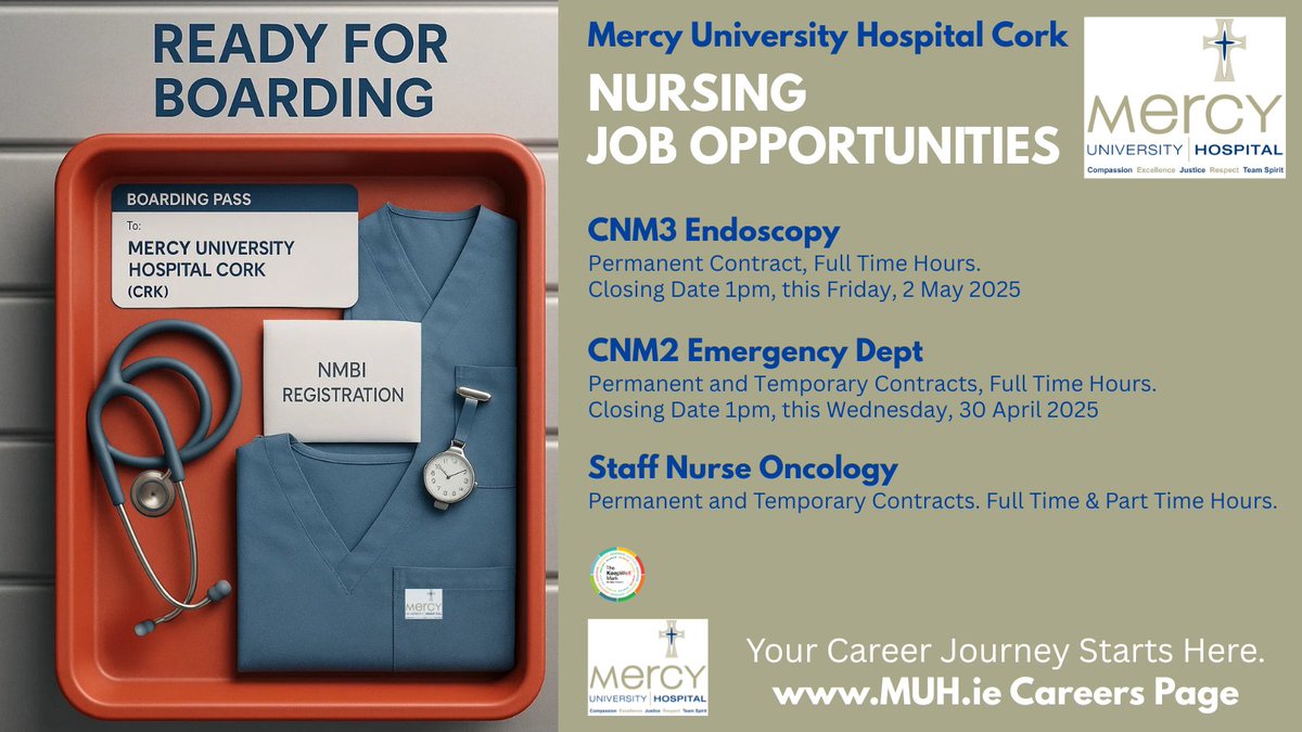 Deirdre O'Riordan (@deeoriordan8) on Twitter photo 👆Nurses! Ready for your career to take off with <a href="/Mercycork/">Mercy University Hospital Cork</a>
✔#CNM3 #Endoscopy - Deadline 1pm Fri 2 May: api.occupop.com/.../clinical-n…
✔#CNM2 #Emergency - Deadline 1pm Wed 30 Apr: api.occupop.com/.../clinical-n…
✔#StaffNurse #Oncology - Apply:
api.occupop.com/.../staff-nurs…
Full #NMBI Reg Req 👆Nurses! Ready for your career to take off with <a href="/Mercycork/">Mercy University Hospital Cork</a>
✔#CNM3 #Endoscopy - Deadline 1pm Fri 2 May: api.occupop.com/.../clinical-n…
✔#CNM2 #Emergency - Deadline 1pm Wed 30 Apr: api.occupop.com/.../clinical-n…
✔#StaffNurse #Oncology - Apply:
api.occupop.com/.../staff-nurs…
Full #NMBI Reg Req
