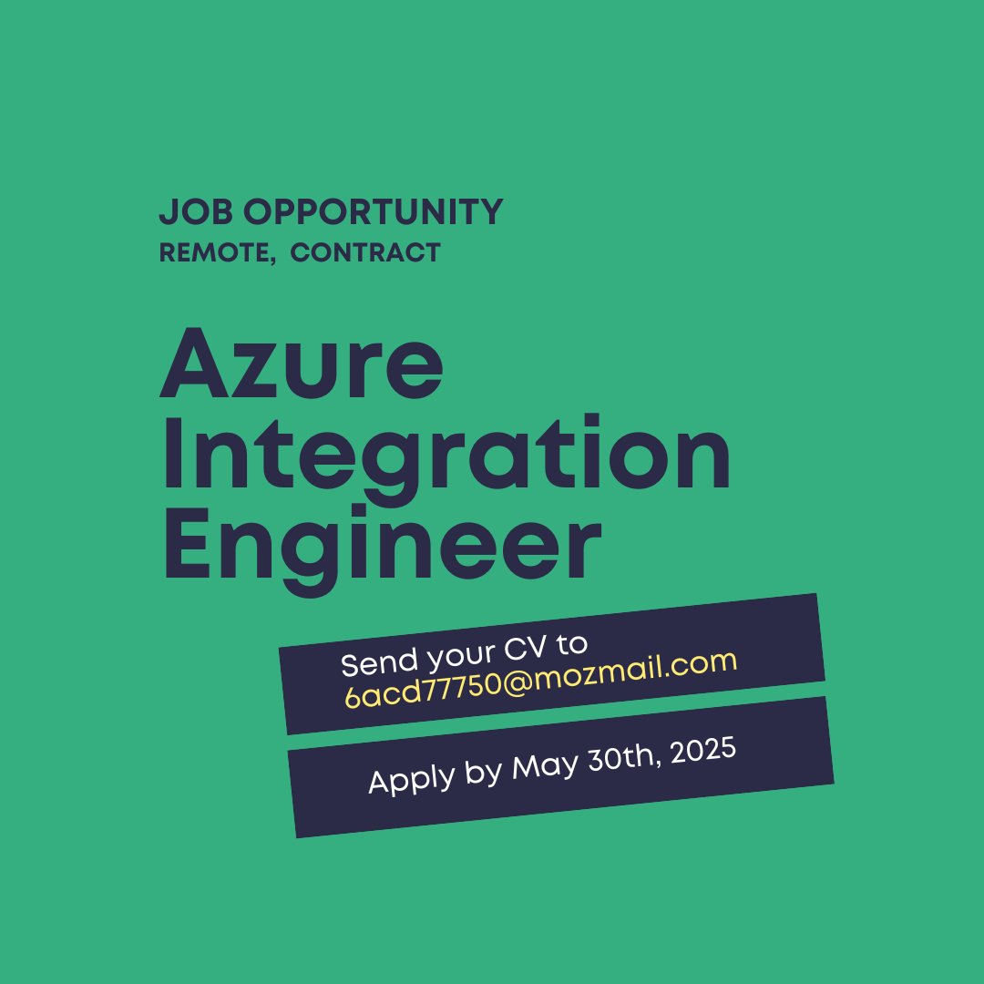 Python Nigeria (@pythonnigeria) on Twitter photo Job Opportunity!
Looking for an Azure Integration Engineer
(Remote | Contract | Competitive Rate)
🔹 SaaS → ERP/CRM integration
🔹 Azure Services (Logic Apps, API Management, Event Grid, Functions, Service Bus)
Apply by May 30!
đź“©Send CV to 6acd77750@mozmail.com Job Opportunity!
Looking for an Azure Integration Engineer
(Remote | Contract | Competitive Rate)
🔹 SaaS → ERP/CRM integration
🔹 Azure Services (Logic Apps, API Management, Event Grid, Functions, Service Bus)
Apply by May 30!
đź“©Send CV to 6acd77750@mozmail.com