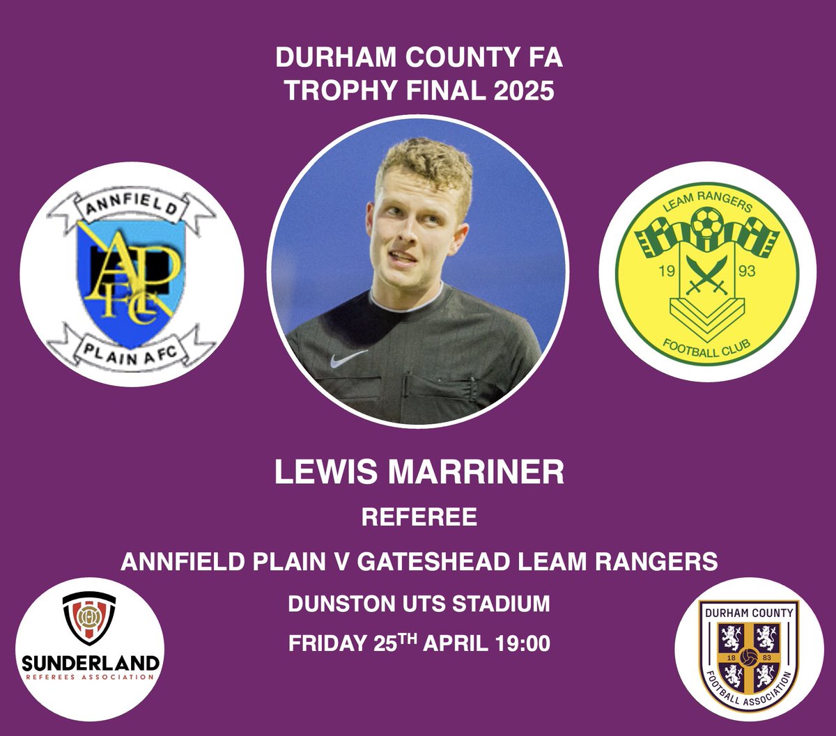 Congratulations to Sunderland RA’s Lewis Marriner who refereed the Durham FA Trophy Final on Friday evening 🏆