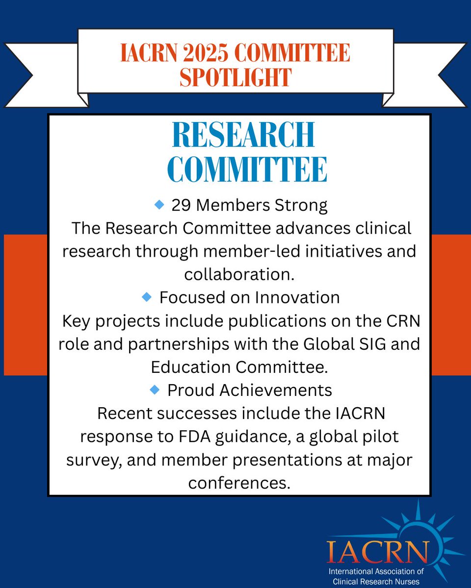 IACRN (@iacrn) on Twitter photo 2025 Committee Spotlight: Research Committee
The Research Committee is composed of 29 dedicated members focused on advancing the science, leadership, and visibility of Clinical Research Nurses.
Email us at iacrn@iacrn.org to learn how you or your group can be spotlighted! 2025 Committee Spotlight: Research Committee
The Research Committee is composed of 29 dedicated members focused on advancing the science, leadership, and visibility of Clinical Research Nurses.
Email us at iacrn@iacrn.org to learn how you or your group can be spotlighted!