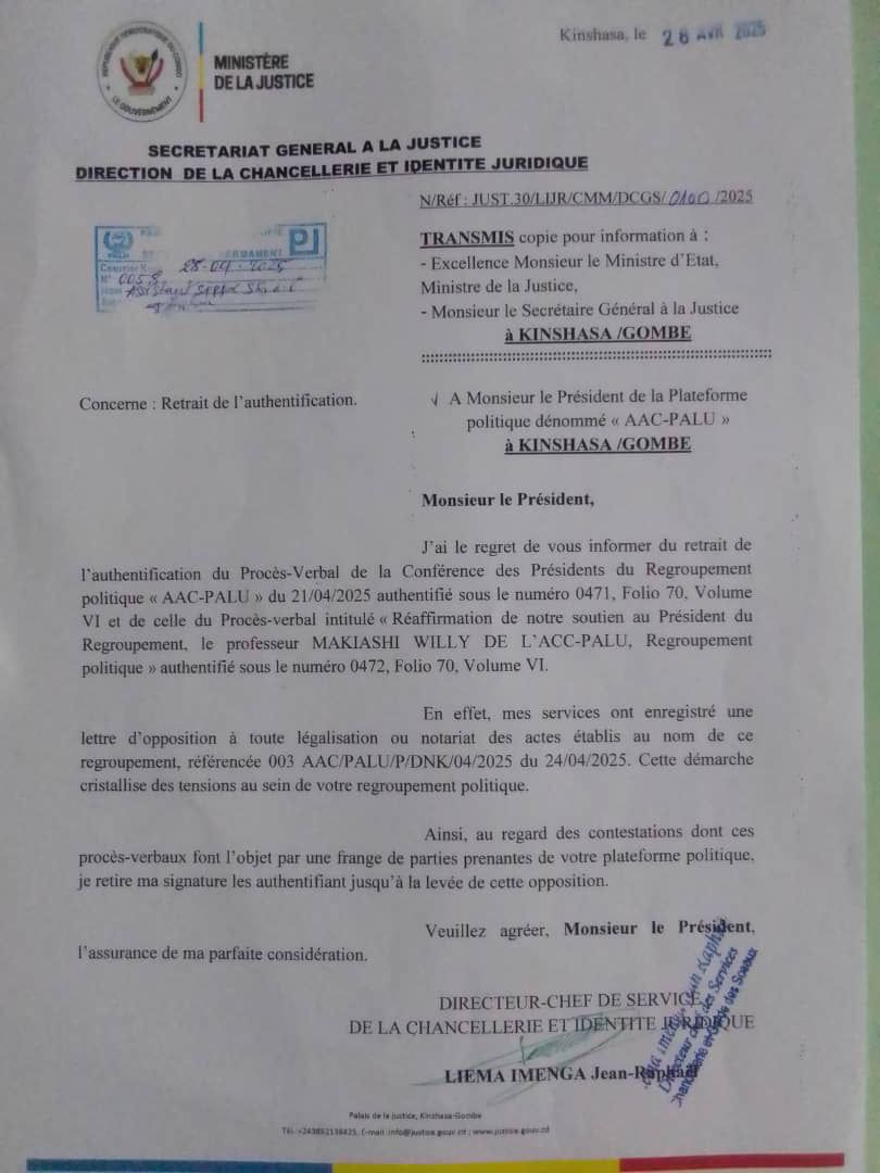 Ndeko TAMPAKA PUATI G-D (@gtampaka11384) on Twitter photo L'acte d'authentification de #Makiashi et de ses complices, établi de manière frauduleuse auprès d'une personne dépourvue de la qualité d'engager le regroupement #AAC_PALU, a été annulé. Cette décision fait suite à l'opposition de Me <a href="/Didiermazenga/">Didier Mazenga</a> qui possède la qualité requise. L'acte d'authentification de #Makiashi et de ses complices, établi de manière frauduleuse auprès d'une personne dépourvue de la qualité d'engager le regroupement #AAC_PALU, a été annulé. Cette décision fait suite à l'opposition de Me <a href="/Didiermazenga/">Didier Mazenga</a> qui possède la qualité requise.