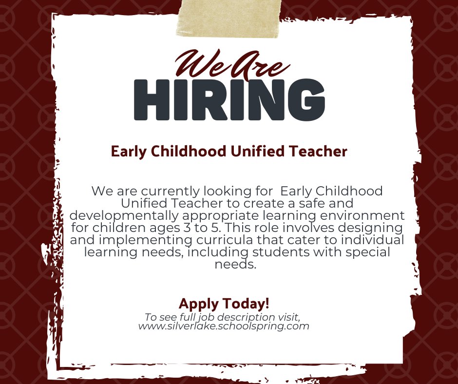 Do the Monday blues have you wondering what's next? We are currently looking for a  Early Childhood Unified Teacher to join the Silver Lake family. View the full job description and online apply today! #SLEagles 

silverlake.schoolspring.com