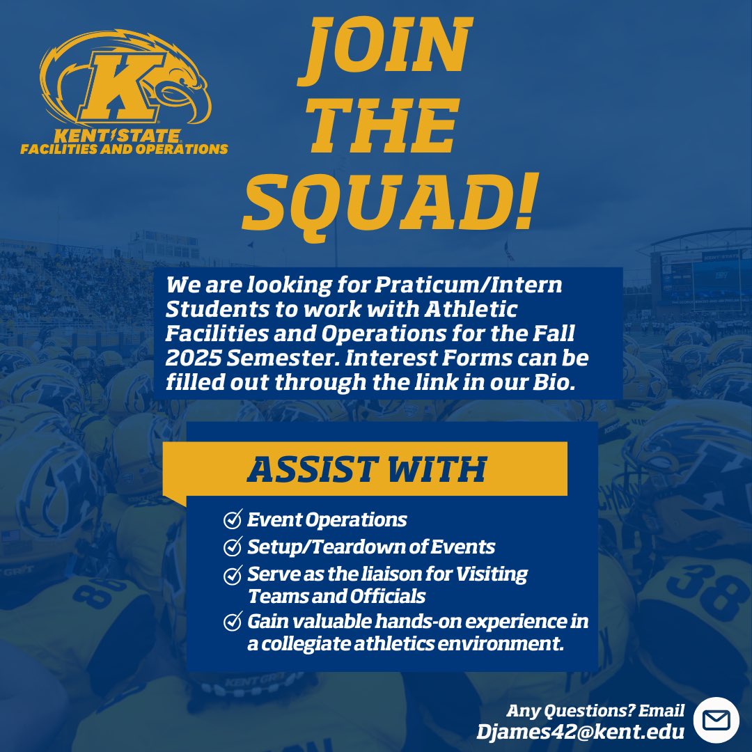 Join the Squad! Are you interested in working Kent State Athletic Events? Click the link in our bio to complete an interest form for Practicum/Intern positions. Any questions email Djames42@kent.edu. #goflashes⚡️