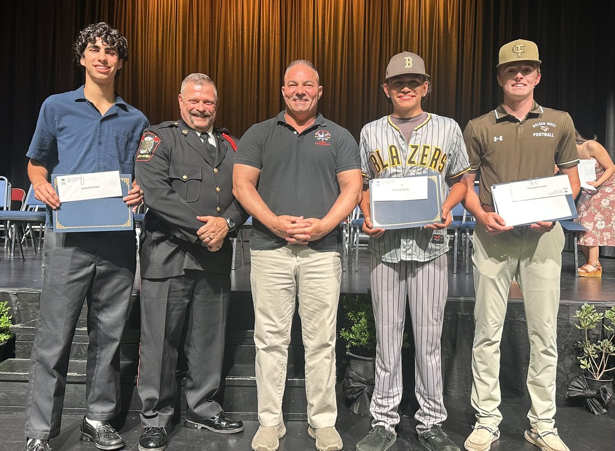 Last Thursday night Battalion Chief Hughes represented Visalia Fire as the Advisory Board Chairperson for the Golden West High Academy of First Responders and presented  three Seniors: Evan Renteria, Caden Lawrence, &amp; Ethan Holguin with $500 scholarships for college expenses.