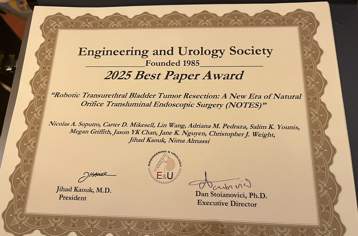 Cleveland Clinic Urology (@cleclinicuro) on Twitter photo Dr. <a href="/NicolasSoputro/">Nicolas Soputro</a> awarded best paper at the Engineering & Society Meeting for his work on Robotic Transurethral Bladder Tumor Resection. <a href="/drjkaouk/">Dr. J. Kaouk</a> & Nima Almassi, MD Dr. <a href="/NicolasSoputro/">Nicolas Soputro</a> awarded best paper at the Engineering & Society Meeting for his work on Robotic Transurethral Bladder Tumor Resection. <a href="/drjkaouk/">Dr. J. Kaouk</a> & Nima Almassi, MD
