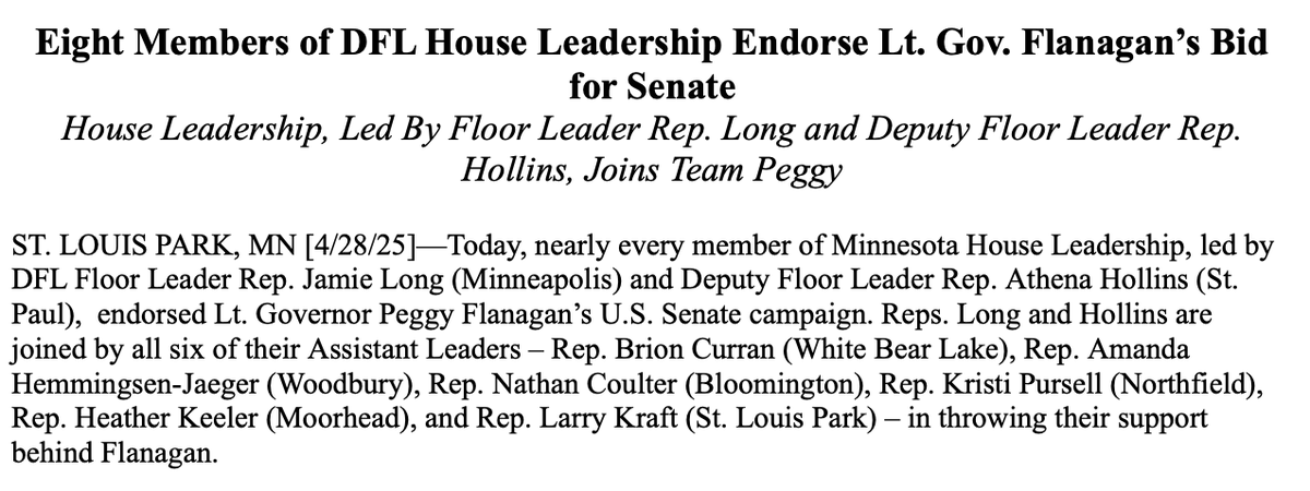 Alexandra Fetissoff (@fetissoff) on Twitter photo DFL House Leadership comes out in full force to endorse <a href="/peggyflanagan/">Peggy Flanagan</a> for U.S. Senate, joining <a href="/alfranken/">Al Franken</a> <a href="/keithellison/">Keith Ellison</a> and CD-2 legislators announced last week. Comes ahead of <a href="/AngieCraigMN/">Angie Craig</a> launching her bid tomorrow. #MNSEN DFL House Leadership comes out in full force to endorse <a href="/peggyflanagan/">Peggy Flanagan</a> for U.S. Senate, joining <a href="/alfranken/">Al Franken</a> <a href="/keithellison/">Keith Ellison</a> and CD-2 legislators announced last week. Comes ahead of <a href="/AngieCraigMN/">Angie Craig</a> launching her bid tomorrow. #MNSEN