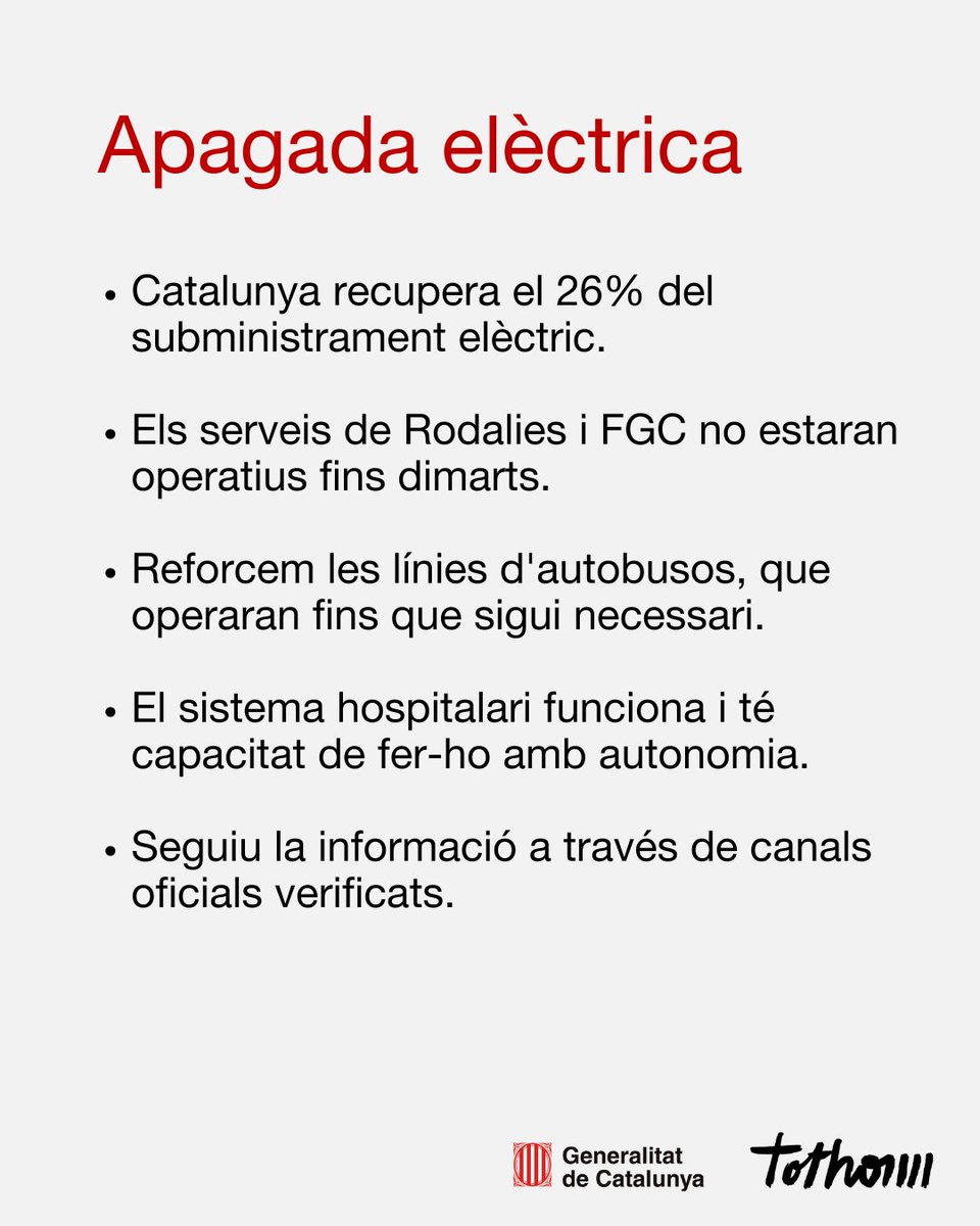 ⚠️Apagada elèctrica.

🔶Reforcem les línies d'autobusos.
🔶<a href="/rodalies/">Rodalies Catalunya</a> i <a href="/FGC/">FGC</a> no funcionaran fins demà dimarts.
🔶Seguiu la informació a través de canals oficials verificats.