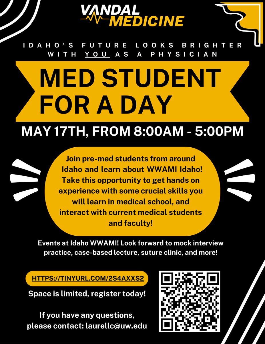 Want to learn what life is like as a med student?

On May 17th, Idaho WWAMI is hosting an exciting opportunity for prospective students--a full day of medical student activities and preparation for the application process!

Register here: uidaho.co1.qualtrics.com/jfe/form/SV_eI…