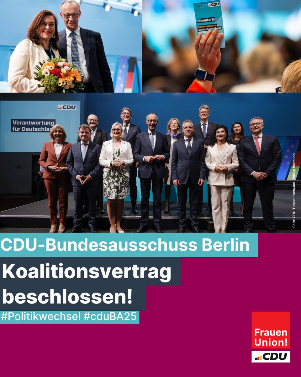 Frauen Union (@frauenunion) on Twitter photo CDU-Bundesausschuss hat Koalitionsvertrag beschlossen! Die Grundlage für den #Politikwechsel in Deutschland ist gelegt. <a href="/_FriedrichMerz/">Friedrich Merz</a> präsentierte das CDU-Team für die Regierungsarbeit & ein Glückwunsch geht an die neue CDU-Schatzmeisterin <a href="/FHoppermann/">Franziska Hoppermann</a>. Viel Erfolg! #cduBA25 CDU-Bundesausschuss hat Koalitionsvertrag beschlossen! Die Grundlage für den #Politikwechsel in Deutschland ist gelegt. <a href="/_FriedrichMerz/">Friedrich Merz</a> präsentierte das CDU-Team für die Regierungsarbeit & ein Glückwunsch geht an die neue CDU-Schatzmeisterin <a href="/FHoppermann/">Franziska Hoppermann</a>. Viel Erfolg! #cduBA25