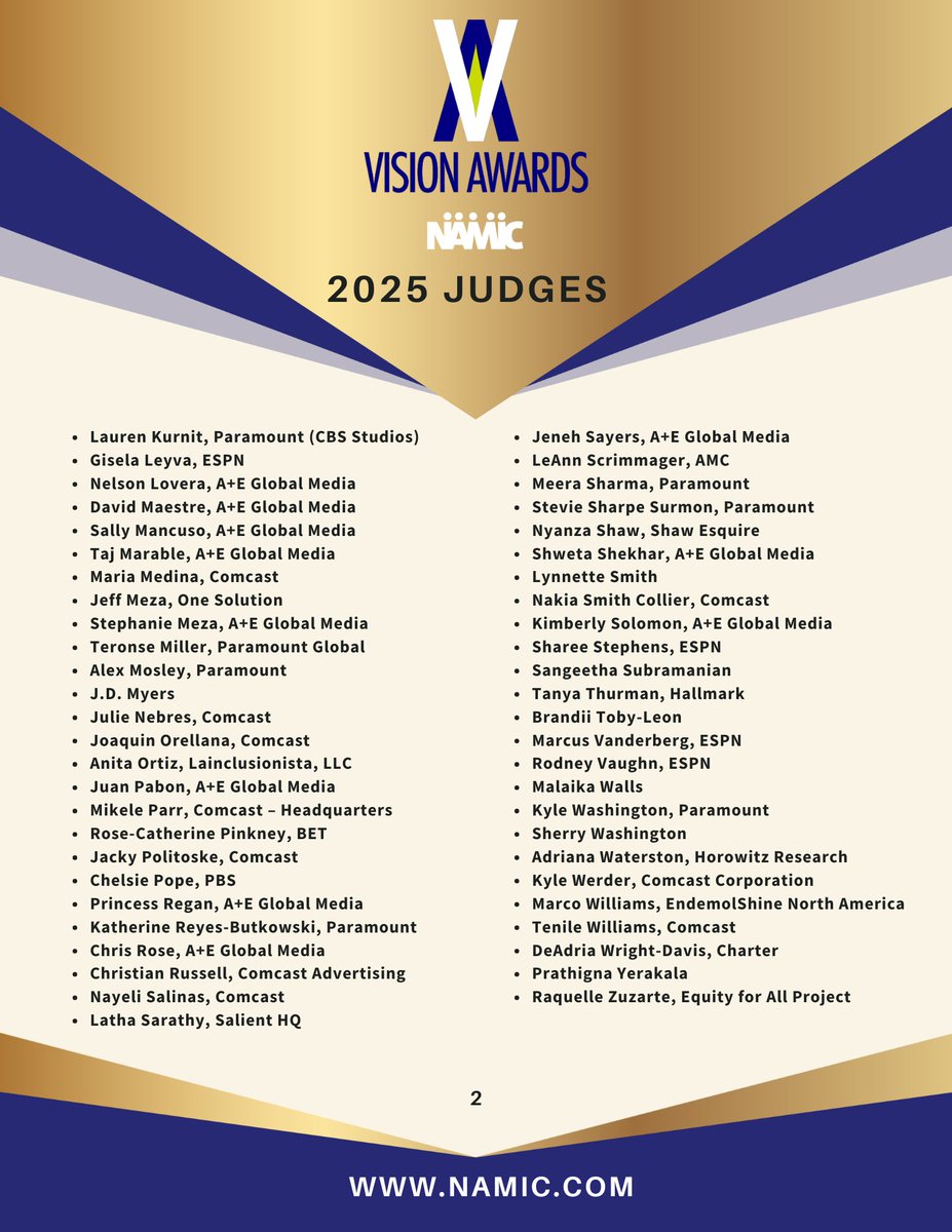 “A huge thank you to our amazing judges for your time, energy, and expertise for the 2025 NAMIC Vision Awards. Your thoughtful and unique evaluation of each entry has made this year's awards exceptional. Thank you for celebrating talent, creativity, and excellence with us!