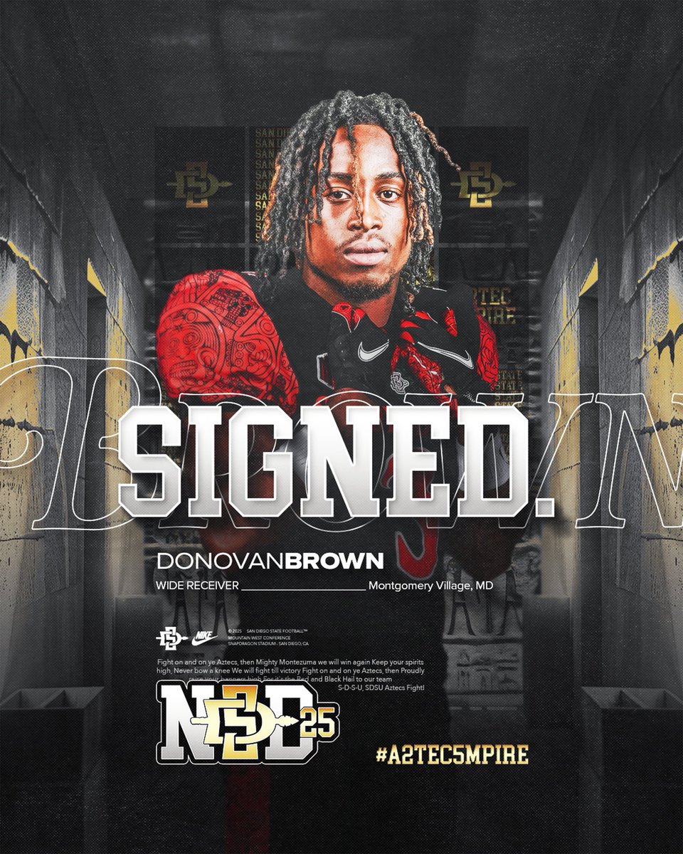 San Diego State Football (@aztecfb) on Twitter photo Welcome to The Mesa, <a href="/heyydonoo/">Donovan Brown</a>!
π Montgomery Village, Maryland
π Wide Receiver
π« Syracuse
#A2TEC5MPIRE x #NSD Welcome to The Mesa, <a href="/heyydonoo/">Donovan Brown</a>!
π Montgomery Village, Maryland
π Wide Receiver
π« Syracuse
#A2TEC5MPIRE x #NSD