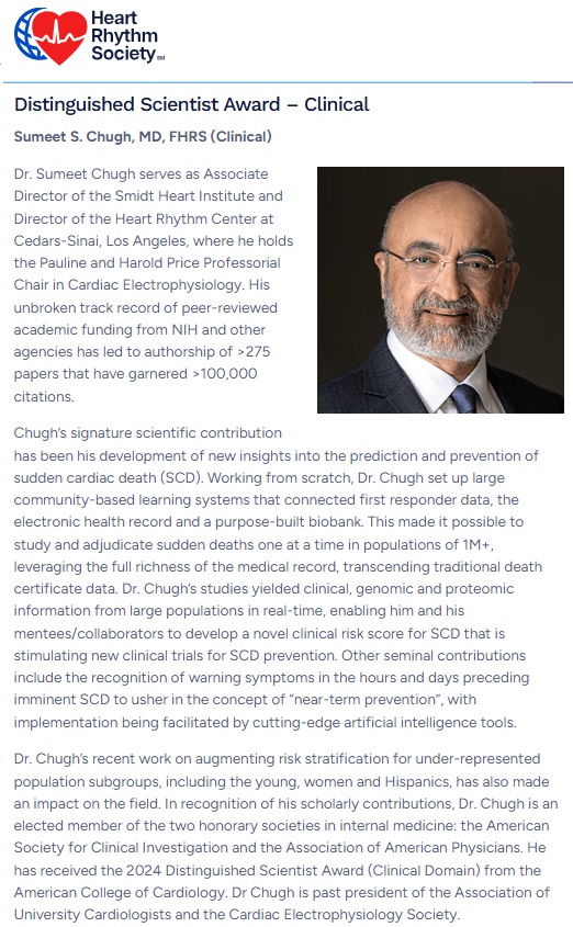 Smidt Heart Institute at Cedars-Sinai (@smidtheart) on Twitter photo We are proud to announce our very own <a href="/SumeetSChugh/">Sumeet Chugh</a> was awarded the 2025 Distinguished Scientist Award - Clinical <a href="/HRSonline/">Heart Rhythm Society</a>!
Congratulations Dr. Chugh!
#HRS2025 We are proud to announce our very own <a href="/SumeetSChugh/">Sumeet Chugh</a> was awarded the 2025 Distinguished Scientist Award - Clinical <a href="/HRSonline/">Heart Rhythm Society</a>!
Congratulations Dr. Chugh!
#HRS2025
