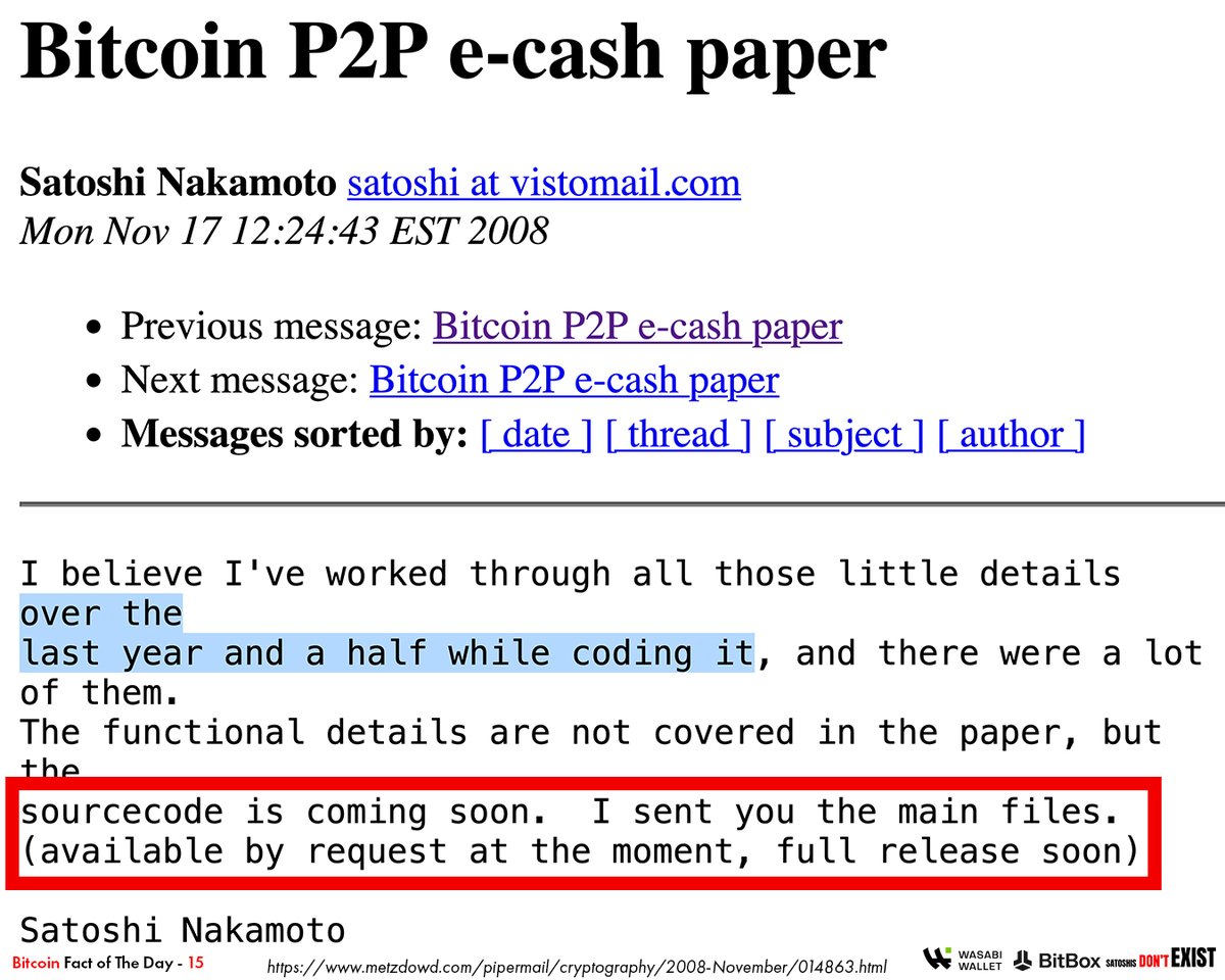 1/11
Before launching Bitcoin on 8 Jan 2009 Satoshi had an early version coded.

Known as the November 2008 Version.
Different block time, reward, difficulty adjustment, and more.

Here are the 10 changes he made to what became Bitcoin as we know it today.

🧵Thread👇