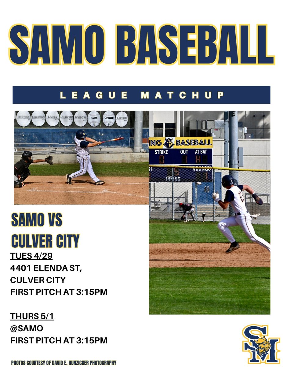 This week's SAMO Baseball schedule:
*Tues 4/29: At Culver City. First Pitch: 3:15PM
*Thurs 5/1: Home vs Culver City. First Pitch: 3:15PM
#GOSAMO #SAMOhiBASEBALL