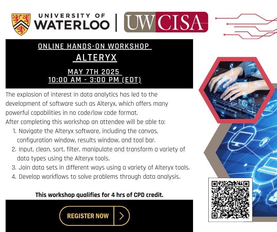 UWCISA (@uwcisa1) on Twitter photo Dive into the power of Alteryx and learn how to automate, analyze, and accelerate your data processes!
📅 Date: Wednesday, May 7th 2025
🕒 Time: 10am – 3pm (EDT)
🌐 Location: Online
<a href="/UWaterlooSAF/">UWaterloo SAF</a> Dive into the power of Alteryx and learn how to automate, analyze, and accelerate your data processes!
📅 Date: Wednesday, May 7th 2025
🕒 Time: 10am – 3pm (EDT)
🌐 Location: Online
<a href="/UWaterlooSAF/">UWaterloo SAF</a>
