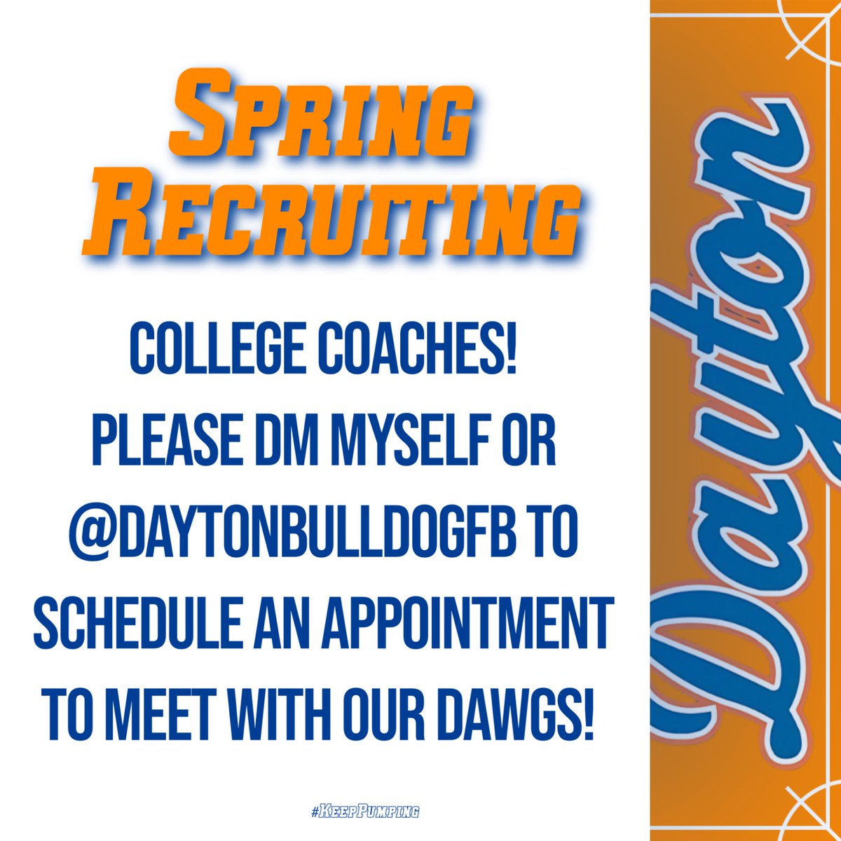 ‼️ College Coaches ‼️

Please DM me directly or <a href="/DaytonBulldogFB/">Jonathan Dayton Football</a> to schedule an appointment to meet our Dawgs! Prospect sheets available too! 

#KeepPumping