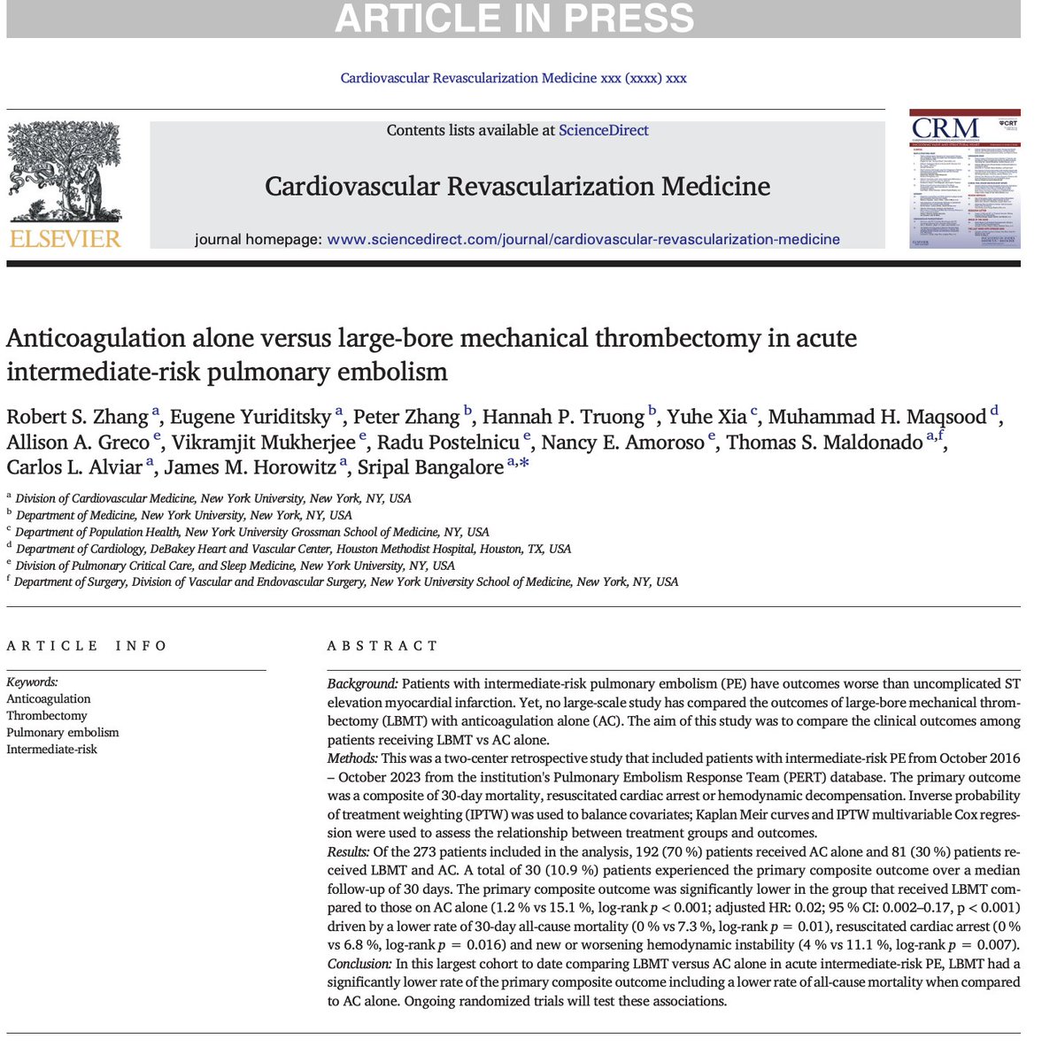 🚨 New paper from our multidisciplinary #PERT team: In acute intermediate-risk
PE, patients treated with large-bore mechanical thrombectomy + anticoagulation had lower major adverse event rates vs anticoagulation alone

🔗 bit.ly/42QRXLn
#PulmonaryEmbolism #PCCM