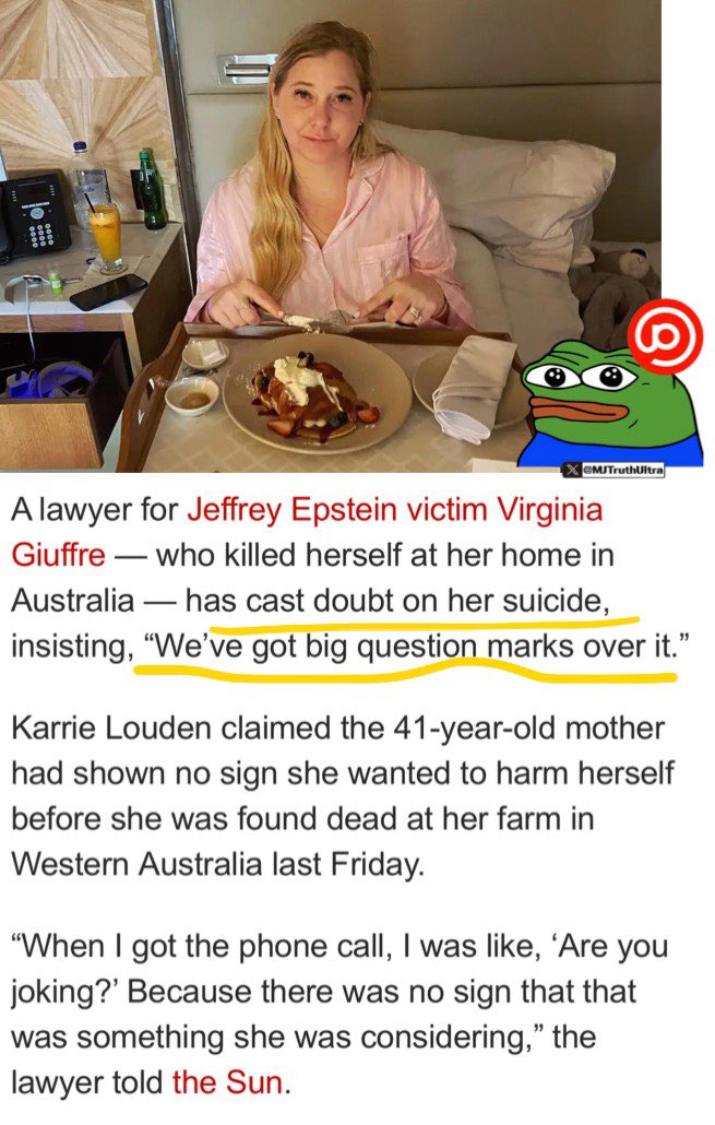 UPDATE: Virginia Giuffre “Suicide”

🚨 Virginia Giuffre’s lawyer, Karrie Louden, is now publicly doubting the claims Virginia killed herself

Karrie says Virginia Giuffre showed no signs whatsoever she wanted to harm herself.

What do you think happened?