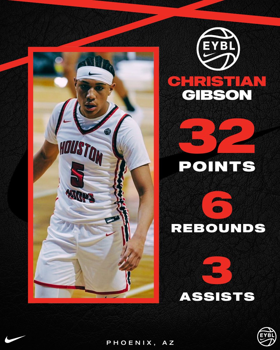 🪪 Christian Gibson | 6’5” | Guard 
🛫  Houston Hoops EYBL E17 

Christian Gibson is averaging 21.7 points, 4.7 rebounds, and 1.7 assists per game on the EYBL circuit, highlighted by a dominant 32-point, 6-rebound, 3-assist performance against AZ Unity. 

A top-five scorer last