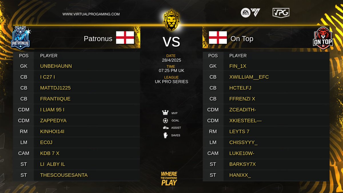 Virtual Pro Gaming (@officialvpg) on Twitter photo 🔥 Competitive 11v11 Clubs
⚽️ <a href="/EASPORTSFC/">EA SPORTS FC</a>
🏆 <a href="/VPGUK/">VPG United Kingdom</a> Pro Series 🇬🇧
📅 Monday 28th April!
🎙️ Presented by <a href="/proclubs_weekly/">Pro Clubs Weekly</a>
<a href="/VPGPatronus/">Patronus</a> 🆚 <a href="/OnTopFIFA1/">OnTop</a>
📺 Live at 8pm UK - youtube.com/virtualprogami…
👥 PATRONUS XI
<a href="/Wilkyyy_/">Wilky</a>
<a href="/FranTiiQue/">Fran “The Dancer” TiiQue</a>
@kinho14_
<a href="/Chatify_/">🏴</a>
@mattdj1225
@xkamil_n 🔥 Competitive 11v11 Clubs
⚽️ <a href="/EASPORTSFC/">EA SPORTS FC</a>
🏆 <a href="/VPGUK/">VPG United Kingdom</a> Pro Series 🇬🇧
📅 Monday 28th April!
🎙️ Presented by <a href="/proclubs_weekly/">Pro Clubs Weekly</a>
<a href="/VPGPatronus/">Patronus</a> 🆚 <a href="/OnTopFIFA1/">OnTop</a>
📺 Live at 8pm UK - youtube.com/virtualprogami…
👥 PATRONUS XI
<a href="/Wilkyyy_/">Wilky</a>
<a href="/FranTiiQue/">Fran “The Dancer” TiiQue</a>
@kinho14_
<a href="/Chatify_/">🏴</a>
@mattdj1225
@xkamil_n