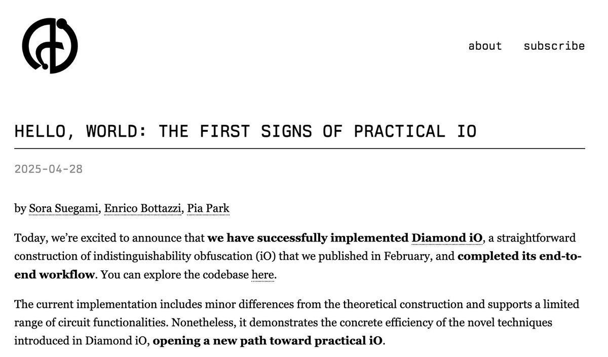 machina__io's tweet image. Hello, World: the first signs of practical iO
Today, we’re excited to announce that we have successfully implemented Diamond iO and completed its end-to-end workflow
Check out the full post here:
machina-io.com/posts/hello_wo…