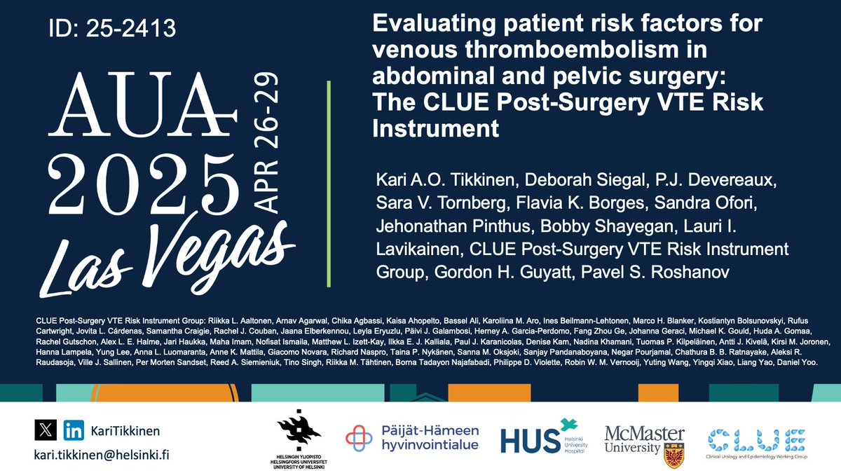 Kari Tikkinen (@karitikkinen) on Twitter photo 🔍“The CLUE Post-Surgery VTE Risk Instrument” today at #AUA25!
📍Marco Polo 703 🕞3:30–> PM
✅Validated via VISION study
✅Built on systematic reviews in <a href="/EUplatinum/">European Urology</a>, <a href="/AnnalsofSurgery/">Annals of Surgery</a>, <a href="/AJOG_thegray/">AJOG</a>
✅Soon at ClueVTE.org
Validation study soon in <a href="/BloodAdvances/">Blood Advances</a>!
#EBM 🔍“The CLUE Post-Surgery VTE Risk Instrument” today at #AUA25!
📍Marco Polo 703 🕞3:30–> PM
✅Validated via VISION study
✅Built on systematic reviews in <a href="/EUplatinum/">European Urology</a>, <a href="/AnnalsofSurgery/">Annals of Surgery</a>, <a href="/AJOG_thegray/">AJOG</a>
✅Soon at ClueVTE.org
Validation study soon in <a href="/BloodAdvances/">Blood Advances</a>!
#EBM