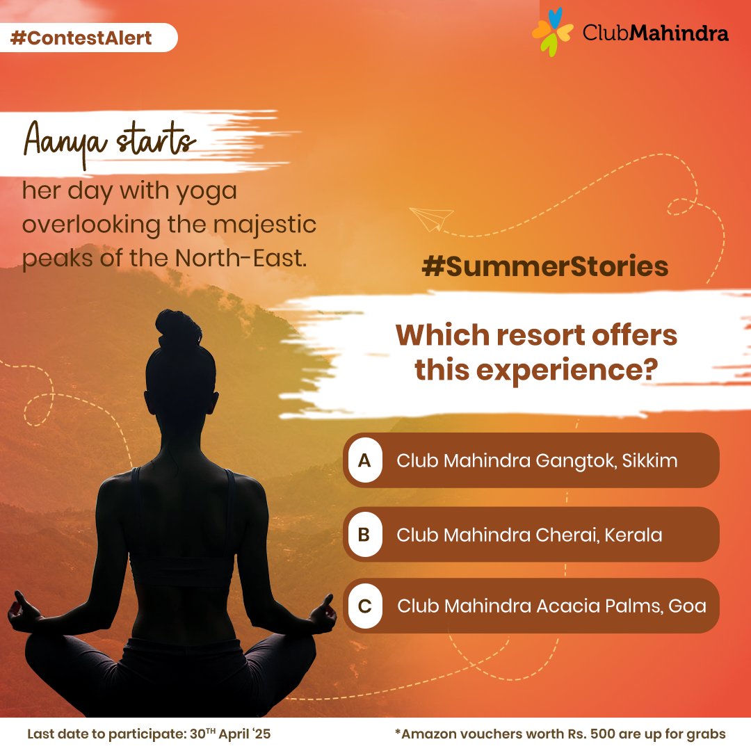Club Mahindra (@clubmahindra) on Twitter photo #ContestAlert 14 of 15
Participate in all #SummerStories
STEPS
1) Comment below with your answer using #SummerStories and #ClubMahindra.
Donât forget to tag <a href="/clubmahindra/">Club Mahindra</a> and four of your friends â itâs mandatory!
2) Participate in all 15 contest posts. Winners get Amazon #ContestAlert 14 of 15
Participate in all #SummerStories
STEPS
1) Comment below with your answer using #SummerStories and #ClubMahindra.
Donât forget to tag <a href="/clubmahindra/">Club Mahindra</a> and four of your friends â itâs mandatory!
2) Participate in all 15 contest posts. Winners get Amazon