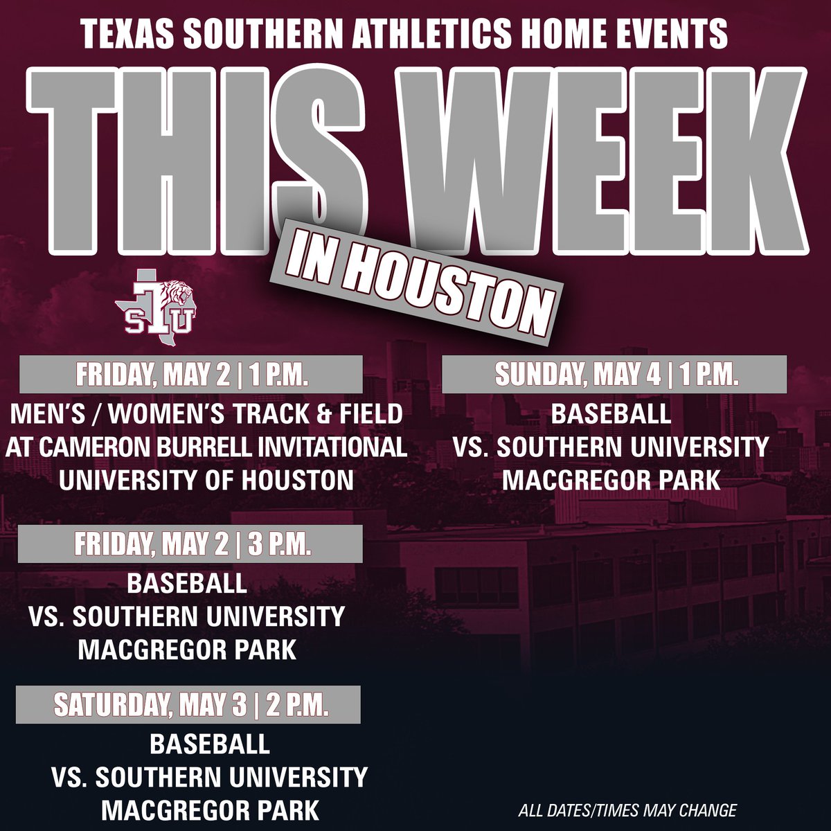 Texas Southern University (TSU) Athletics (@txsotigers) on Twitter photo Baseball (<a href="/TXSOBASEBALL/">Texas Southern Baseball</a>) & Track & Field <a href="/txsutfxc/">Texas Southern TF/XC</a> are back in Houston this weekend starting Friday! Baseball (<a href="/TXSOBASEBALL/">Texas Southern Baseball</a>) & Track & Field <a href="/txsutfxc/">Texas Southern TF/XC</a> are back in Houston this weekend starting Friday!