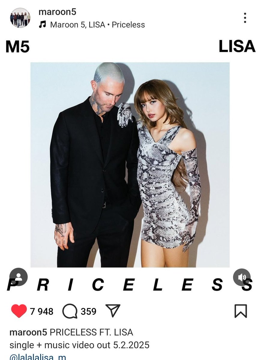 PRICELESS - Maroon 5 ft. #LISA
วันศุกร์ที่ 2 พ.ค. นี้ค่าาาา
วันศุกร์ที่ 2 พ.ค. นี้ค่าาาา
วันศุกร์ที่ 2 พ.ค. นี้ค่าาาา 

มารอดู MV ด้วยกัน 
#LISAxMAROON5