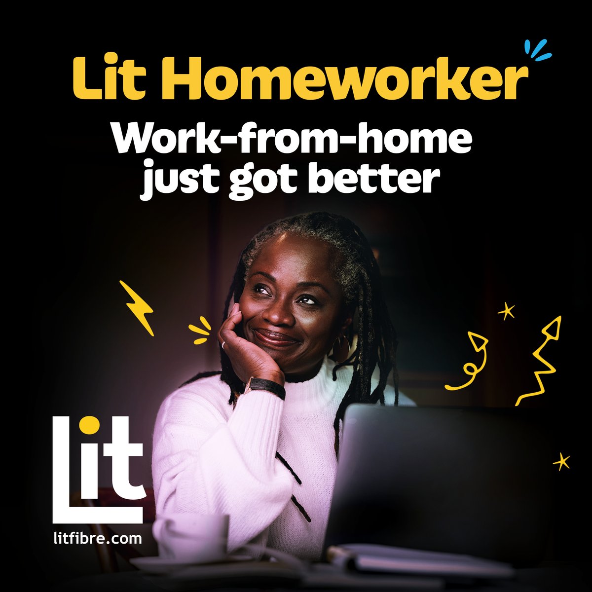 Work-from-home life just got WAY better 💛 No more laggy calls &amp; waiting ages for files to upload. With 500Mbps speeds and Boost Device Control, the #LitHomeworker has your back! Work, stream, or bake a cake (we won't judge) – your internet will keep up. litfibre.com/lit-homeworker/