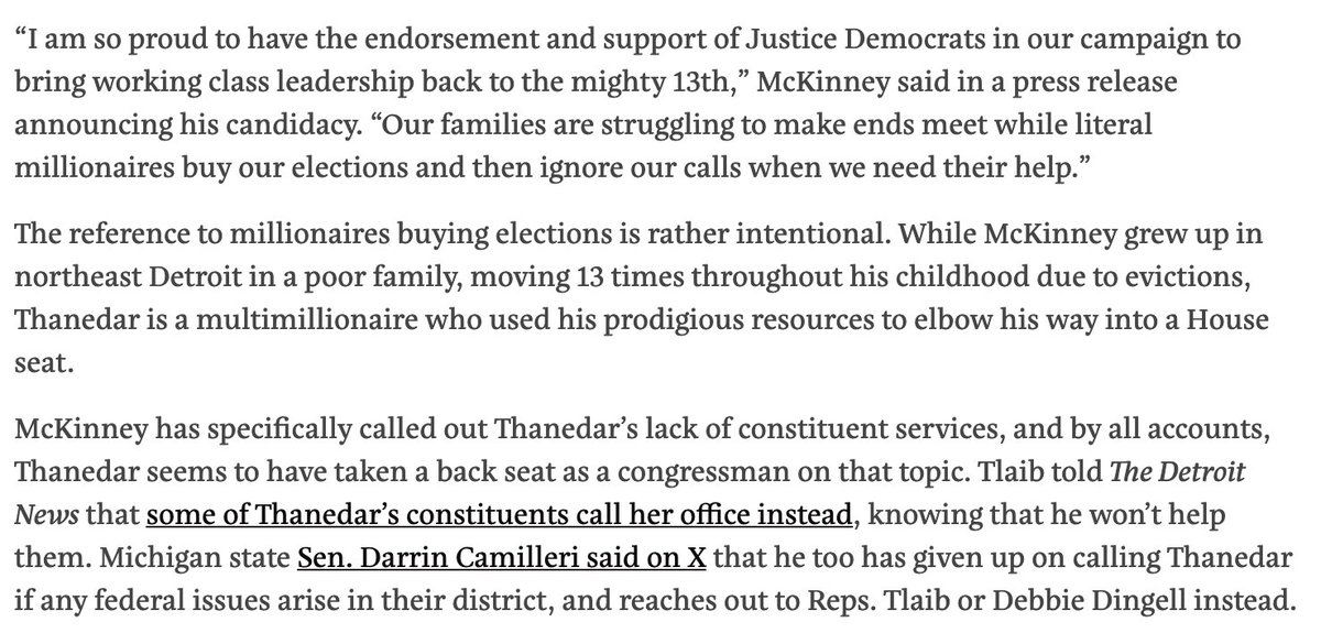 New House Dem primary alert: State Rep. Donavan McKinney is going to challenge multi-millionaire Shri Thanedar in Detroit. It's the first endorsement for  Justice Democrats in four years. @emmarjanssen has the story (link below):