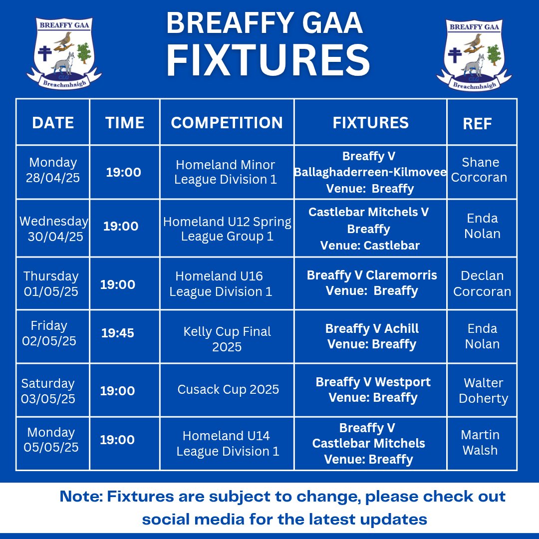 Breaffy GAA (@breaffygaa) on Twitter photo 🔵⚪ Fixtures for the week🔵⚪ 🔵⚪ Fixtures for the week🔵⚪