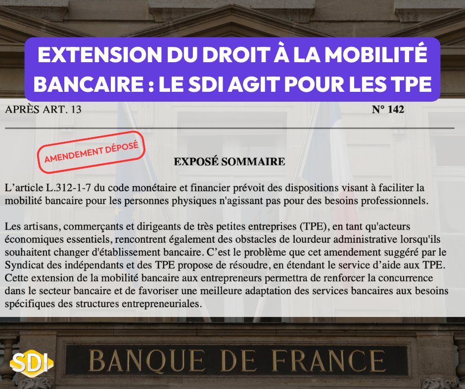 Syndicat des Indépendants et des TPE (@sdi_fr) on Twitter photo 🙏 Le SDI remercie <a href="/phlottiaux/">Ph Lottiaux</a> pour le dépôt d’un amendement visant à étendre la mobilité bancaire aux TPE.
Objectif : lever les obstacles administratifs qui freinent artisans, commerçants et dirigeants dans leur changement de banque. 🙏 Le SDI remercie <a href="/phlottiaux/">Ph Lottiaux</a> pour le dépôt d’un amendement visant à étendre la mobilité bancaire aux TPE.
Objectif : lever les obstacles administratifs qui freinent artisans, commerçants et dirigeants dans leur changement de banque.