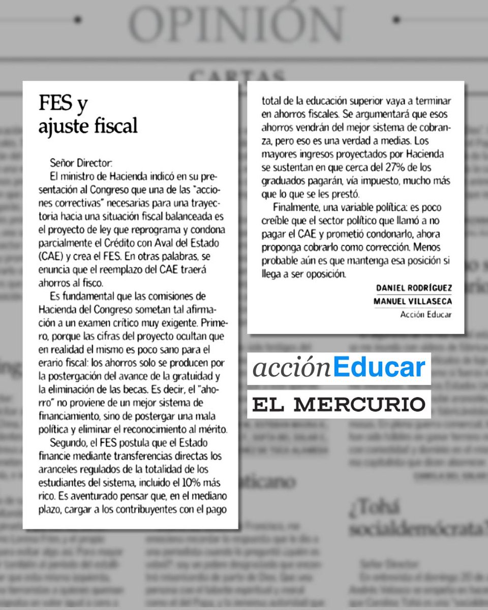 "Es aventurado pensar que en el mediano plazo, cargar a los contribuyentes con el pago total de la educación superior vaya a terminar en ahorros fiscales", dicen <a href="/drodriguezmo/">Daniel Rodríguez</a> y <a href="/mavillaseca/">Manuel Villaseca</a> este fin de semana en <a href="/__elmercurio/">El Mercurio</a> 🗞️

📝FES y ajuste fiscal 

digital.elmercurio.com/2025/04/26/A/M…