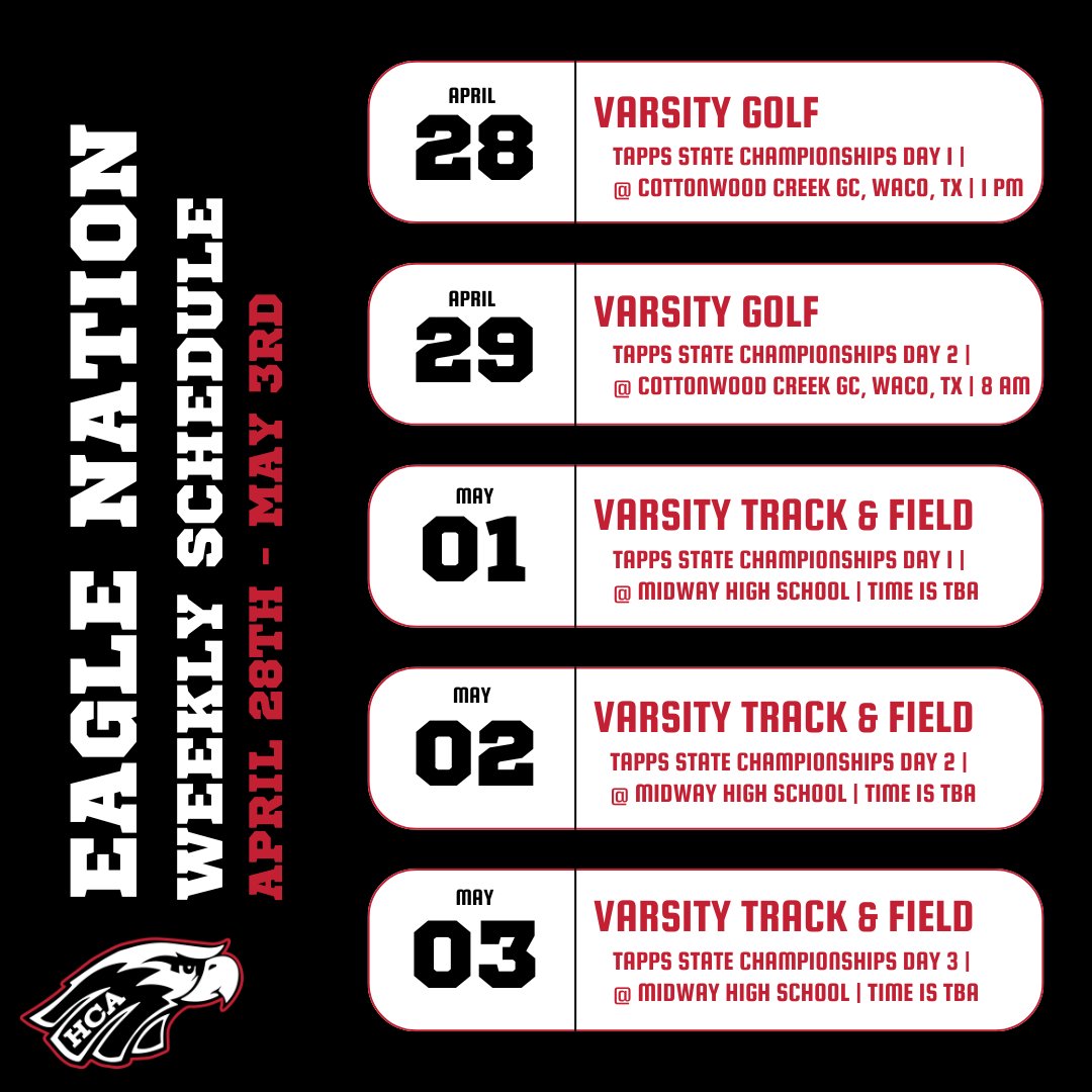 LAST WEEK OF SPRING SPORTS! 🥳
#HCAEagleNation #HCAleads #RockwallTX