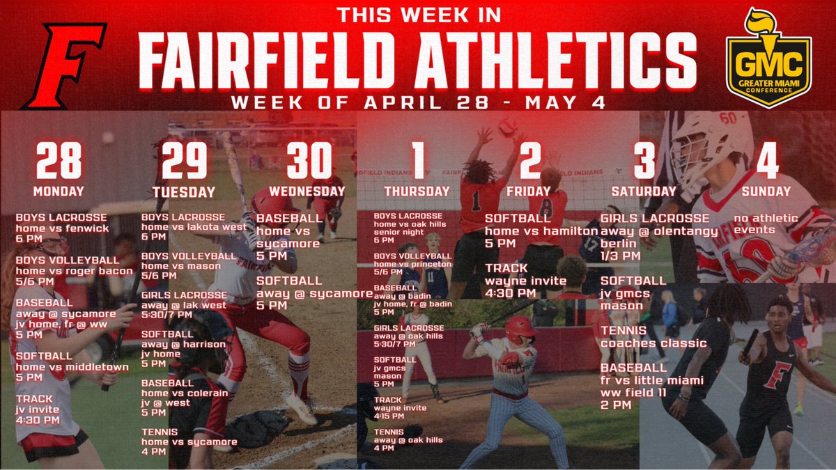 Fun week ahead for Fairfield Athletics!

-Mental Health Awareness Games: Tonight - Boys Lax vs Fenwick, Thurs Boys VB vs Princeton
-Senior Nights - Track Tonight, B Lax Thurs vs OH
-Staff Appreciation Night Tuesday - VB vs Mason
-Final 4 Celebration - Softball Friday vs Hamilton