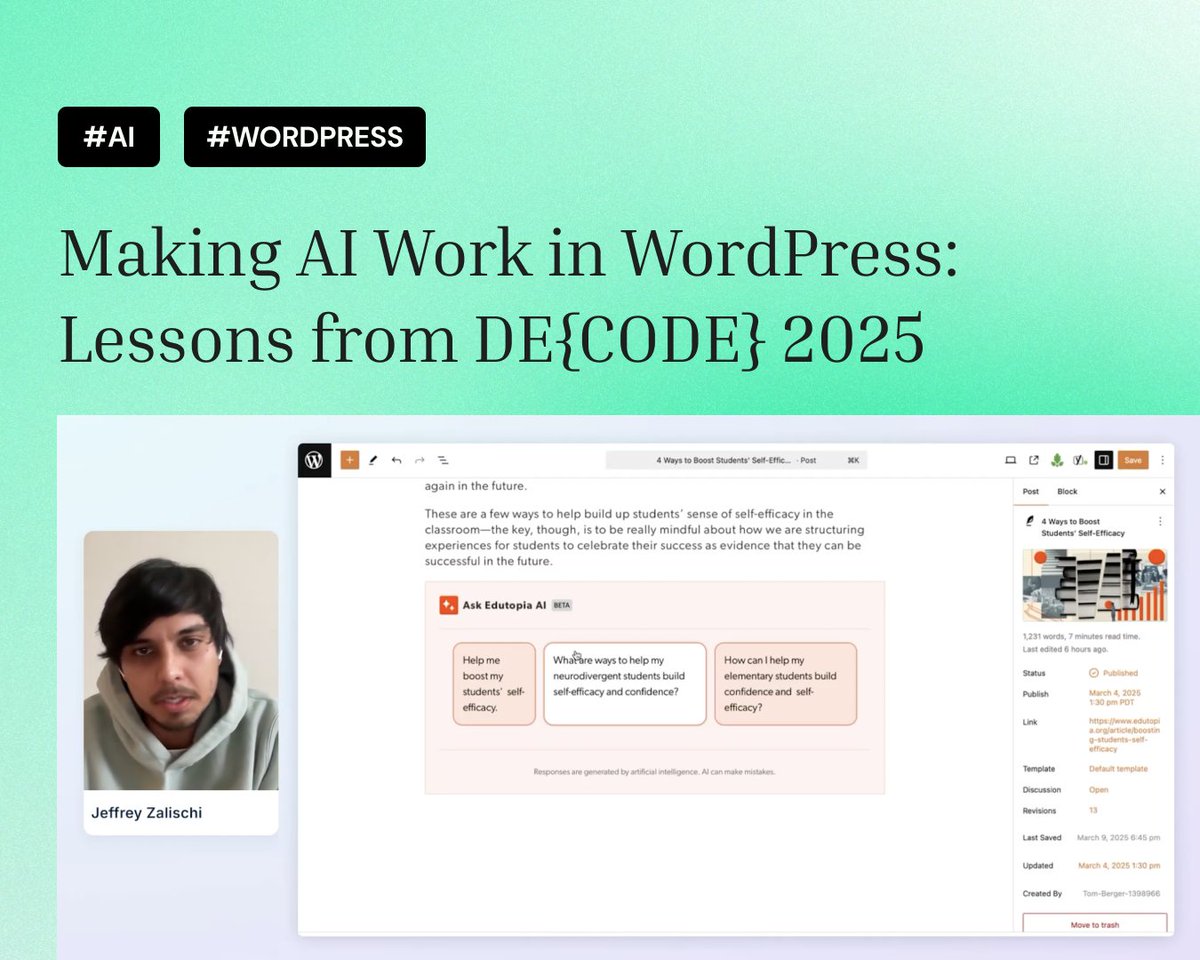 Missed @WPengine's DE{CODE} 2025?
Catch the recording of Trew Knowledge’s session, where we showcased how we’re building AI-powered editorial tools, dynamic personalization, and vectorized content systems inside #WordPress.  

🔗 ow.ly/6Fc750VIQ9u