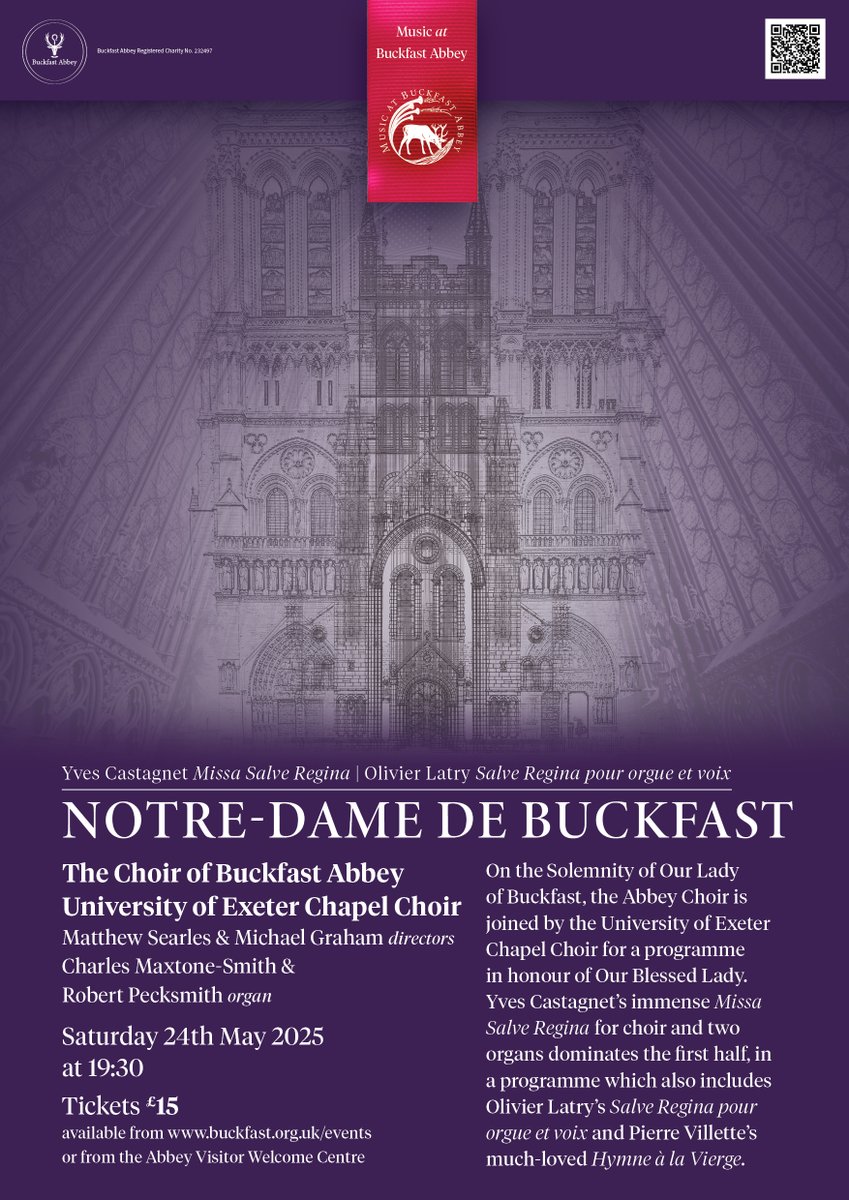 MusicatBuckfast's tweet image. On the 24th May, the Abbey Choir is joined by the @UofEChapelChoir for a concert in honour of Our Blessed Lady. Featuring Yves Castagnet’s Missa Salve Regina, and Olivier Latry’s Salve Regina pour orgue et voix.
🎟️ bit.ly/3Gu3k4w