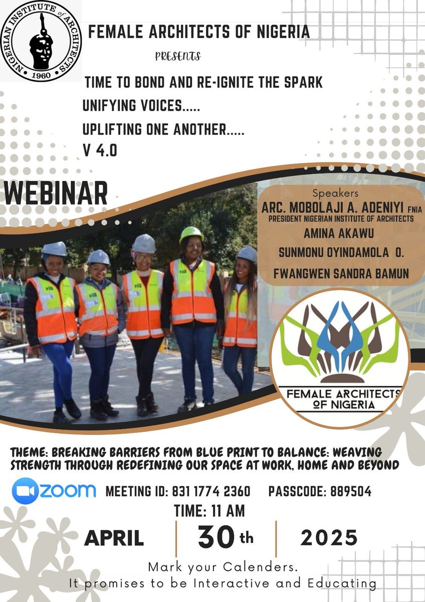 Female Architects of Nigeria 
Present 
*Time to bond and re-ignite the spark unifying voices*
Uplifting one another
Volume 4.0
<a href="/nialagos/">Nigerian Institute of Architects,Lagos State chapt</a> @unwo