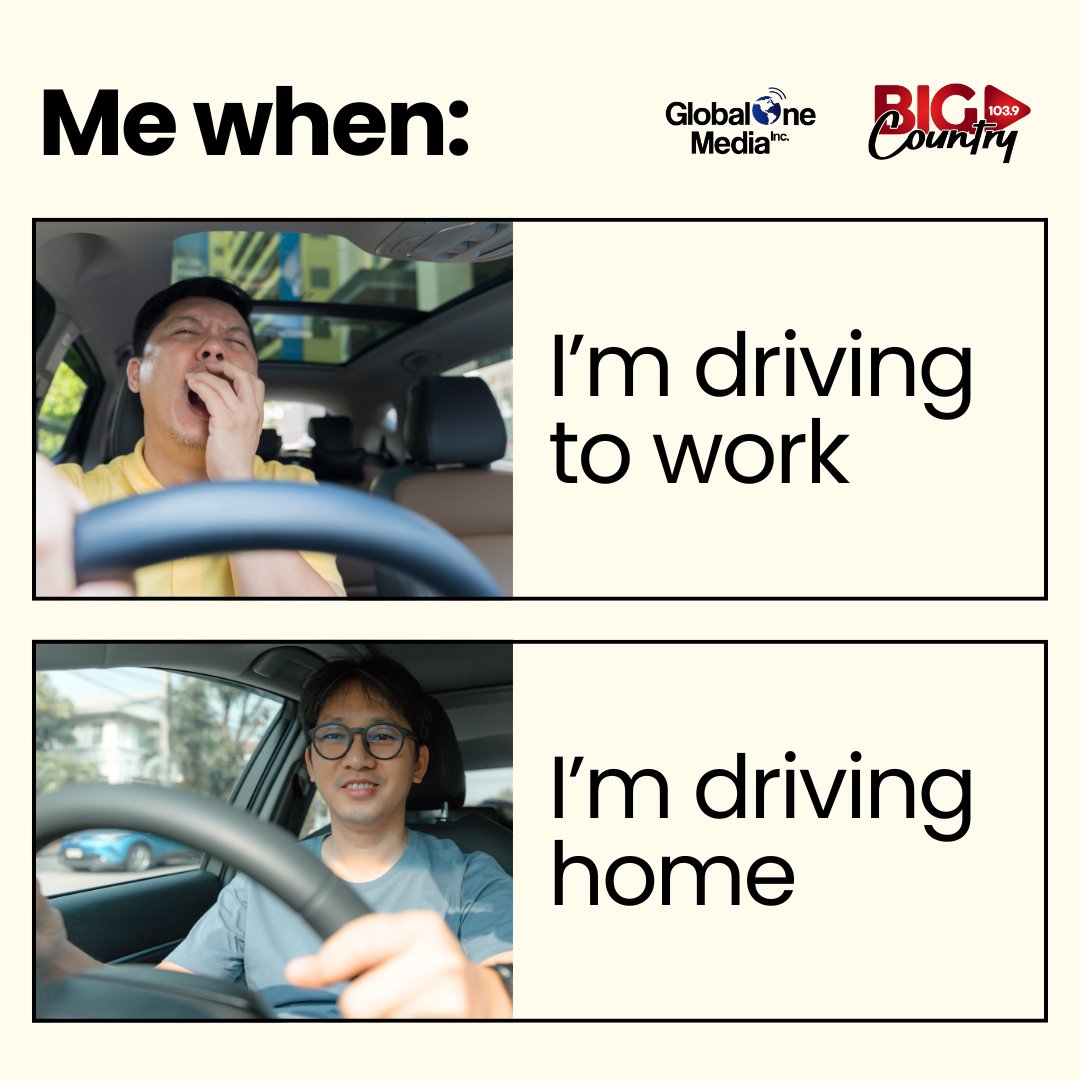 Me driving to work like 😩 vs. Me driving home with the radio up like 😎

Music hits different at the end of the day. What’s your go-to drive home jam? Drop it below! ⬇️ #GlobalOneMediaInc