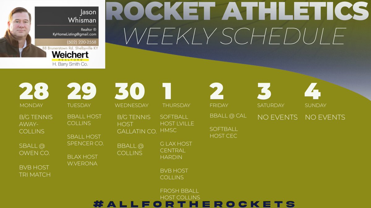 SCHS Athletics (@schsrockets) on Twitter photo 🚨What’s happening this week for the Rockets sponsored by Jason Whisman and Weichert Realtors H. Barry Smith Co.!!
<a href="/SCPS_Activities/">SCPS_Activities</a> 🚨What’s happening this week for the Rockets sponsored by Jason Whisman and Weichert Realtors H. Barry Smith Co.!!
<a href="/SCPS_Activities/">SCPS_Activities</a>
