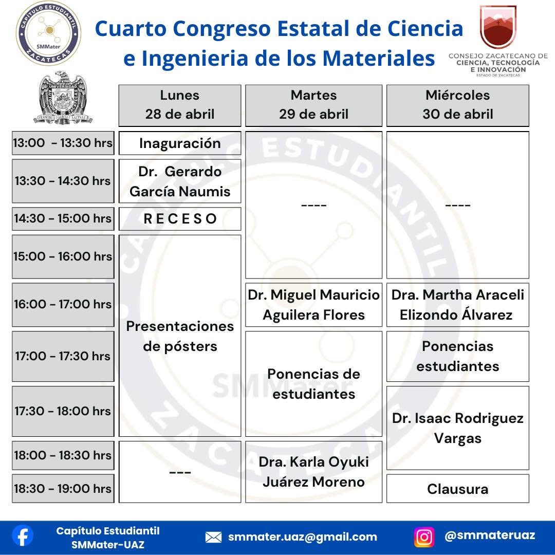 Next stop: Zacatecas, April 29 at 6:00 PM, I’ll give a talk at the Zacatecas Science Council (COZCYT)
Big thanks to the Zacatecas Student Chapter of the SSMater  for having me as one of the plenary speakers at the 4th National Congress of Materials Science and Engineering