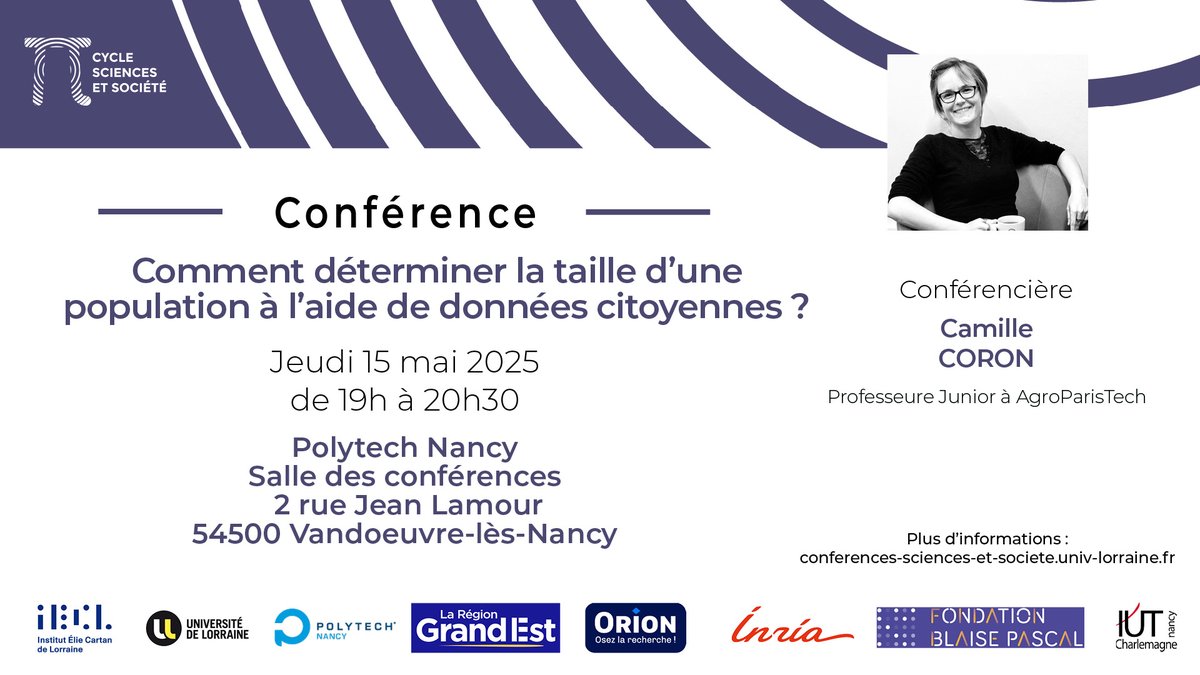 Centre Inria de l'Université de Lorraine (@inria_nancy) on Twitter photo 🔔 Conférence <a href="/Science_Societe/">Sciences&Société</a> avec Camille Coron, professeur junior à <a href="/INRAE_France/">INRAE</a>.
📆 15/05, 19h, Polytech Nancy
🔗 …-sciences-et-societe.univ-lorraine.fr/conference/com…
🤝 Un événement <a href="/labo_IECL/">Institut Élie Cartan de Lorraine</a> <a href="/Univ_Lorraine/">Lorraine</a> <a href="/Inria/">Inria</a> <a href="/FondBPascal/">Fondation Blaise Pascal</a> <a href="/regiongrandest/">Région Grand Est</a> 🔔 Conférence <a href="/Science_Societe/">Sciences&Société</a> avec Camille Coron, professeur junior à <a href="/INRAE_France/">INRAE</a>.
📆 15/05, 19h, Polytech Nancy
🔗 …-sciences-et-societe.univ-lorraine.fr/conference/com…
🤝 Un événement <a href="/labo_IECL/">Institut Élie Cartan de Lorraine</a> <a href="/Univ_Lorraine/">Lorraine</a> <a href="/Inria/">Inria</a> <a href="/FondBPascal/">Fondation Blaise Pascal</a> <a href="/regiongrandest/">Région Grand Est</a>